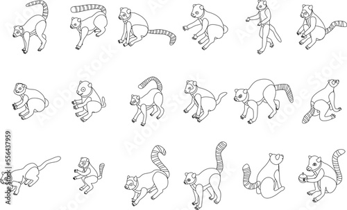 Lemur icons set. Isometric set of lemur vector icons for web design isolated on white background outline