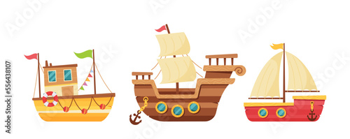 Cartoon Ships In Cute Childish Style. Brigantine, Longboat And Sailboat Or Yacht. Funny Water Transportation Modes