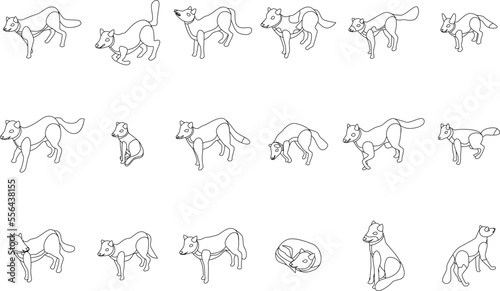 Fox icons set. Isometric set of fox vector icons for web design isolated on white background outline