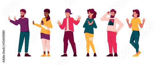 Set Of People Refuse, Male And Female Characters Show Refusal Or Stop Gestures With Open Hand Palm Expressing