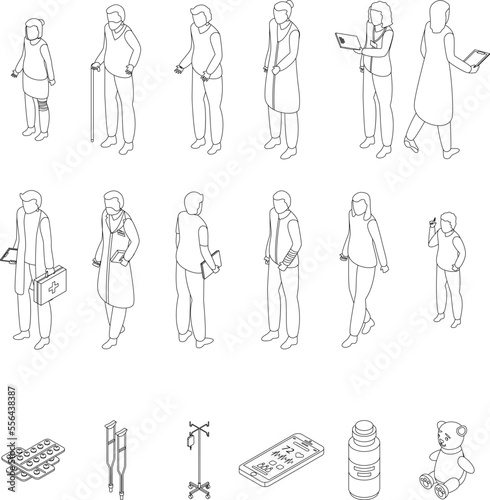 Family doctor icons set. Isometric set of family doctor vector icons for web design isolated on white background outline