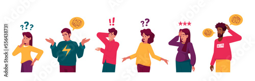 Set of People Thinking Serious Tasks, Searching Information, Male and Female Characters with Exclamation and Question