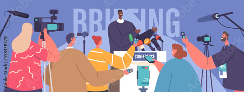 Press Conference, Briefing Concept. Black Man Speak To Audience, Journalists Or Press Media Workers With Microphones