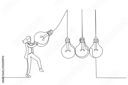 Cartoon of businesswoman manager pull bright lightbulb as pendulum to transfer knowledge. Continuous line art style