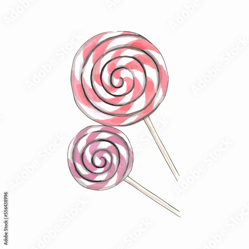 Hand drawn watercolor illustration. Striped twisted lollipops.