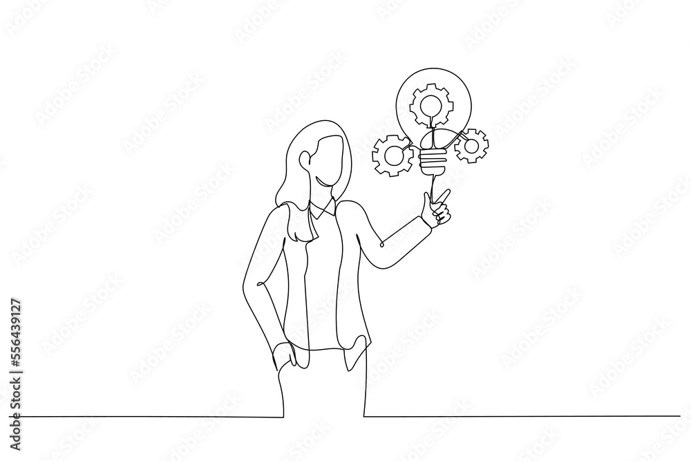 Cartoon of businesswoman presenting innovative lightbulb with cogs and gears concept of Innovation. Single continuous line art style