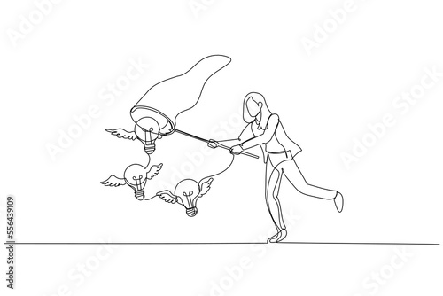 Illustration of businesswoman chasing and catch flying lightbulb ideas with net concept of business ideas. One line art style