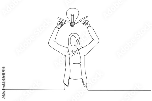 Drawing of businesswoman connect electricity to lightbulb idea metaphor of new business idea. Single continuous line art style