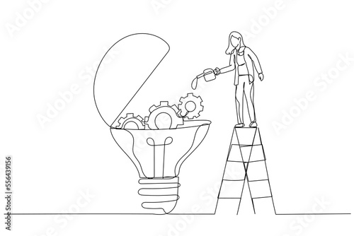 Cartoon of businesswoman drop lubricant or grease into mechanical gears lightbulb  concept of creativity. Single line art style