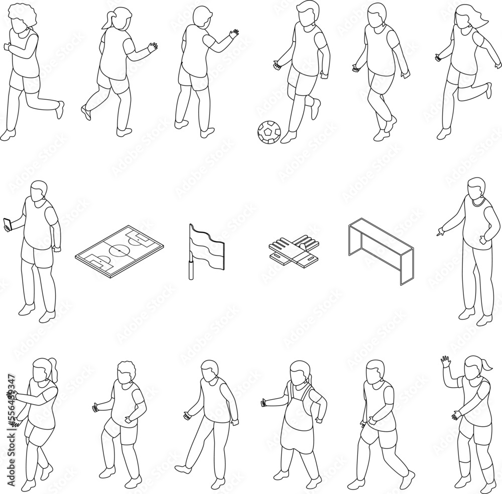 Kids playing soccer icons set. Isometric set of kids playing soccer vector icons for web design isolated on white background outline Kids playing soccer icons set. Isometric set of kids playing soccer vector icons for web design isolated on white background outline