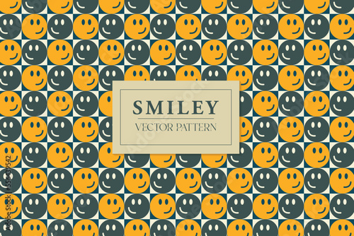 Cute dark and yellow smiley happy face emoji vector tile seamless repeat abstract pattern