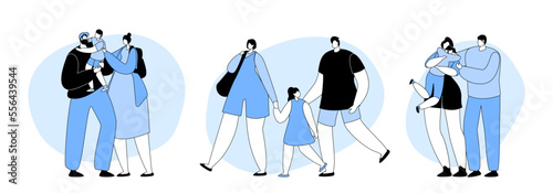 Set Loving Parents With Kids, Mother And Father Characters Holding Child On Hands, Hug Baby. Mom, Dad, Daughter And Son