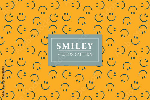 Black outline smiley happy face fun emoji on a yellow background seamless repeat vector abstract pattern