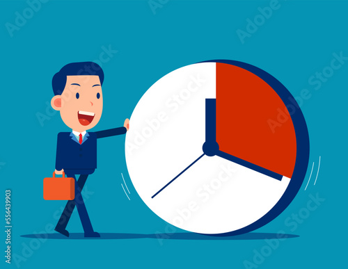 Business person pushing huge clock. Time management vector concept