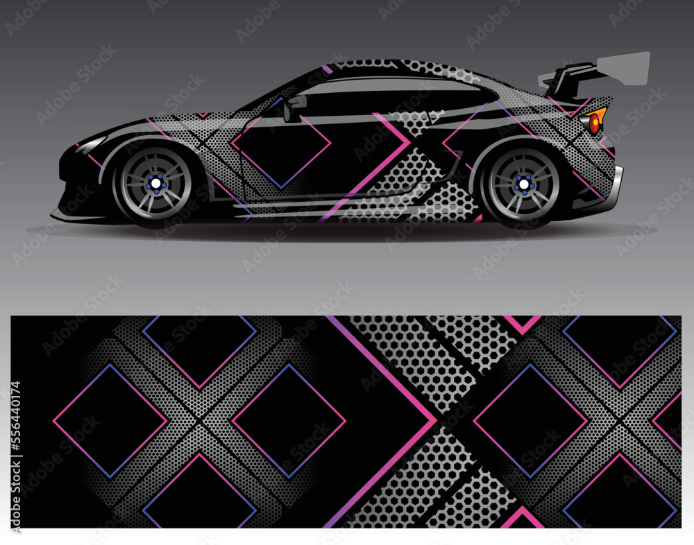 Car wrap design vector. Graphic abstract stripe racing background kit designs for wrap vehicle  race car  rally  adventure and livery - obrazy, fototapety, plakaty 