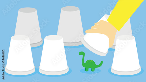 Small dinosaur under a glass among overturned glasses