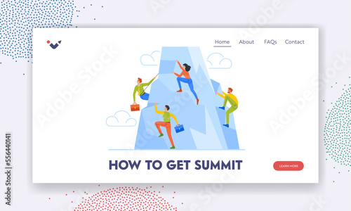 How to Get Summit Landing Page Template. Business Characters Team Climbing at Mountain Peak, Business Competition