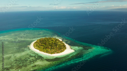 Tropical island Mantigue and sandy beach surrounded by atoll coral reef and blue sea, aerial view. Small island with sandy beach. Summer and travel vacation concept, Camiguin Philippines Mindanao
