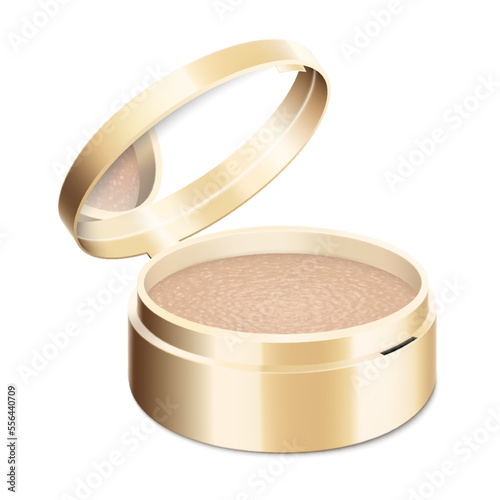 Compact powder in round gold case with mirror. Cushion face foundation case. 3d vector realistic cosmetics isolated on white background. Mockup for branding and ads. Side view on opened plastic box.