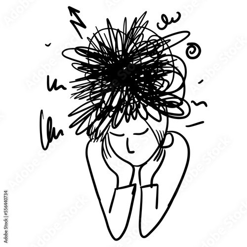 hand drawn confusion concept. Girl with anxiety touch head surrounded by think Mental disorder and chaos in consciousness, finding answers. vector illustration.