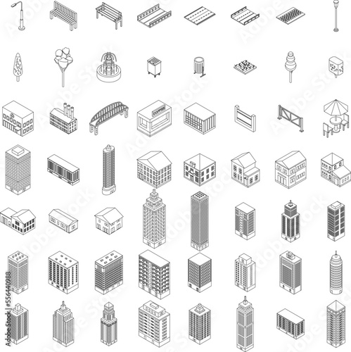 City infrastructure icons set. Isometric set of city infrastructure vector icons for web design isolated on white background outline