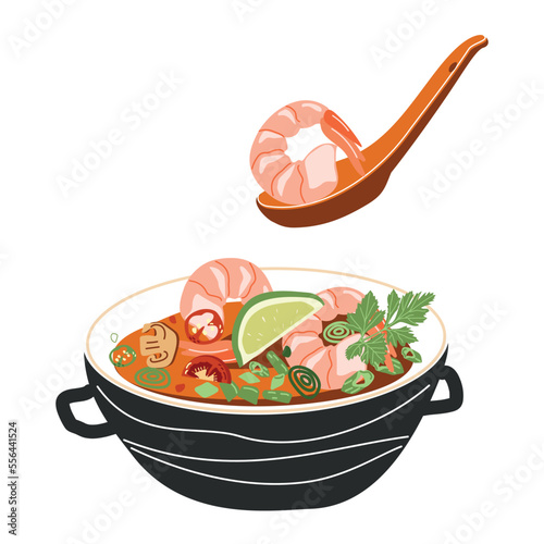 Thai dish tom yam soup side view on a white background. Asian food. Vector illustration for restaurants, menus, decor