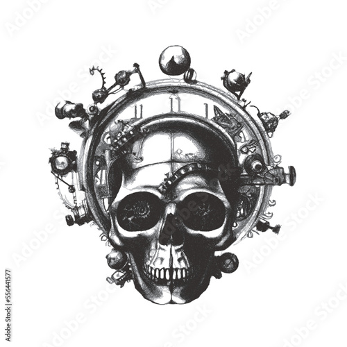 Steampunk skull. Doodle sketch. Vector illustration. Isolated on white background.