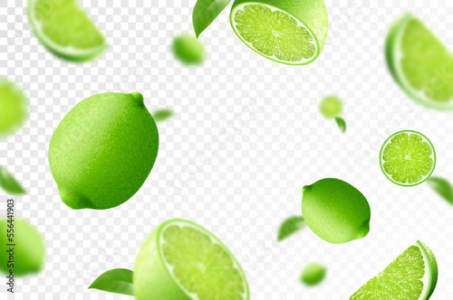 Lime background. Flying whole, half and slices of fresh lime. Unfocused and blurry effect. Can be used for wallpaper, banner, poster, print, fabric, wrapping paper. Realistic 3d vector illustration.