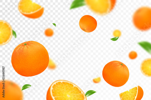 Fototapeta Naklejka Na Ścianę i Meble -  Orange citrus background. Flying orange with green leaf on transparent background. Orange falling from different angles. Focused and blurry objects. Realistic 3d vector illustration