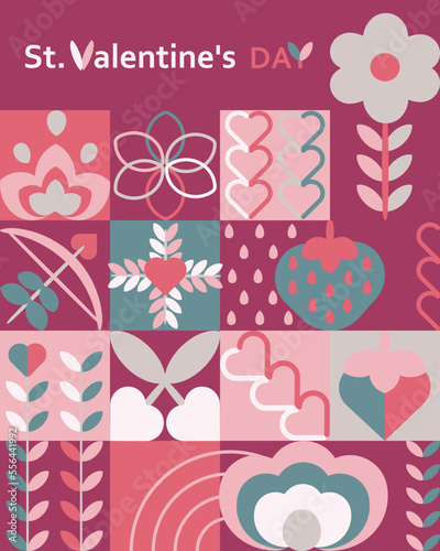 Valentine's day banner, in simple geometric shapes, figure. For flyer, web poster, valentines day discount advertisement, cover design. Vector