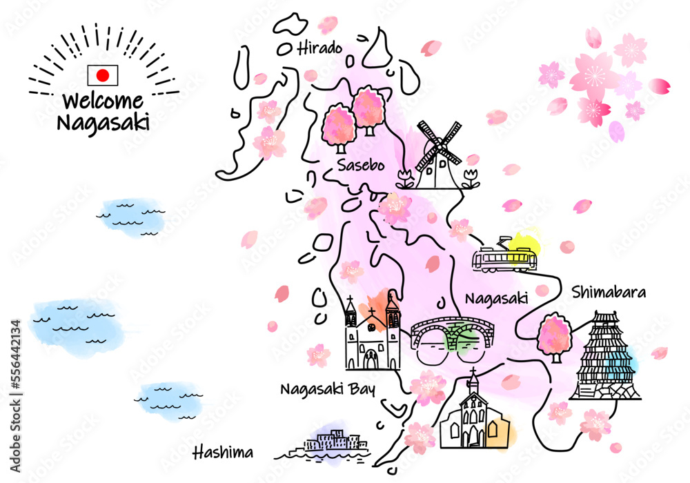 Obraz premium 春の長崎県の観光地のシンプル線画イラストマップ（ピンク）