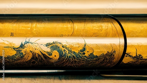 Ukiyo-e traditional Elegant, elegant, dramatic and luxurious Japanese style Katsushika Hokusai style graphic elements of green fine patterns within a golden Cylinder generated by Ai