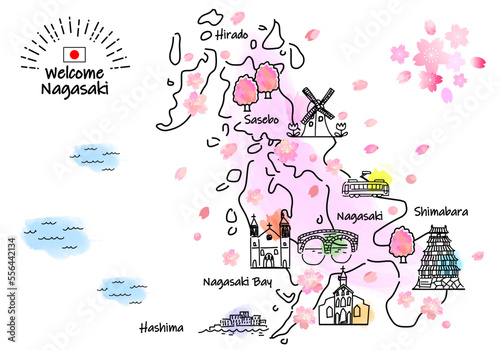 春の長崎県の観光地のシンプル線画イラストマップ（ピンク）