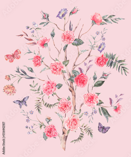 Watercolor garden rose bouquet, blooming tree, Chinoiserie illustration isolated on pink