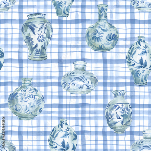 Watercolor blue porcelain Chinese vase seamless pattern, vintage pot texture on checkered background