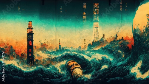 Elegant, elegant, dramatic and luxurious Japanese style Katsushika Hokusai style graphic elements of concept art representing a Sci Fi style future city flood tower generated by Ai