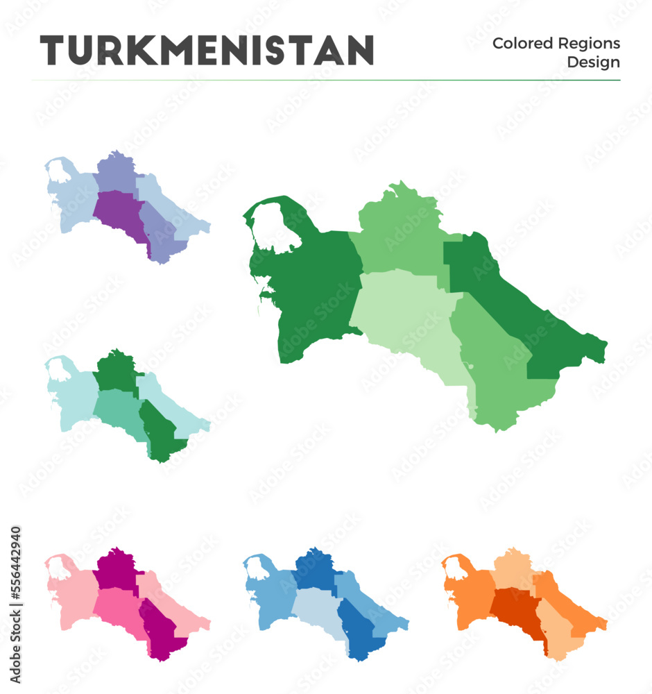 Turkmenistan map collection. Borders of Turkmenistan for your infographic. Colored country regions. Vector illustration.