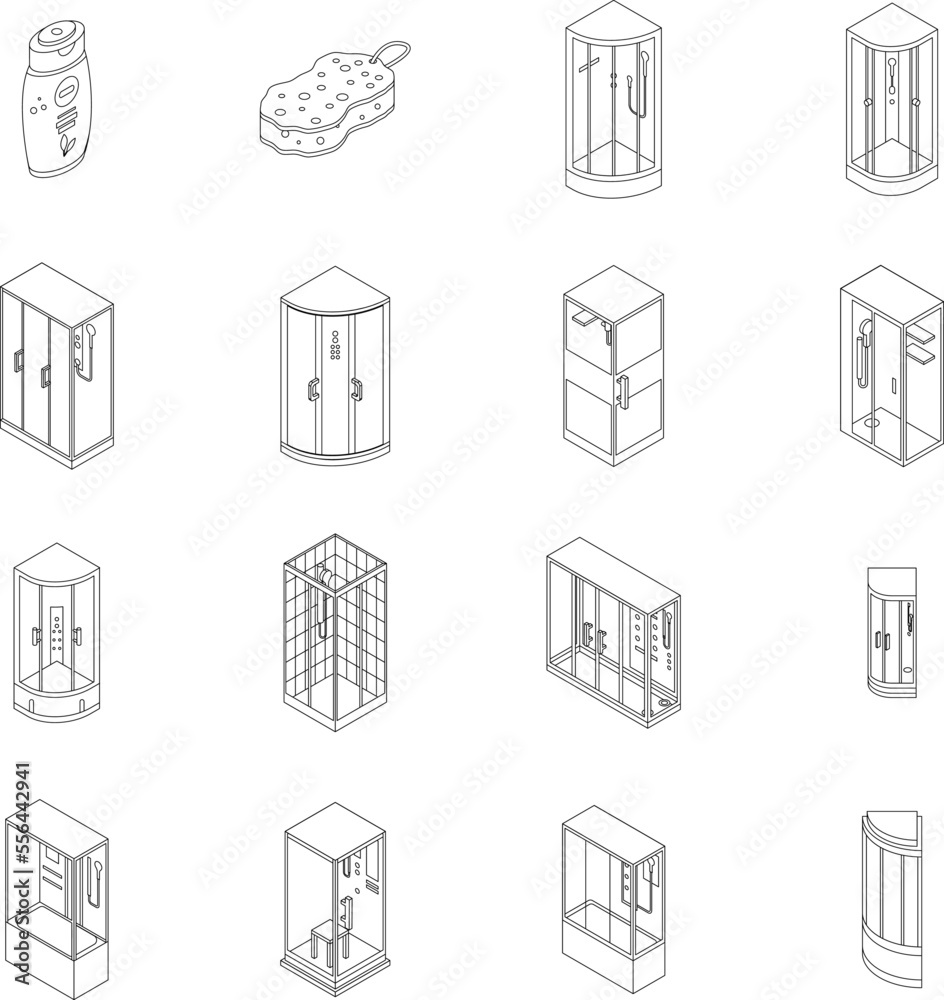 Shower stall icons set. Isometric set of shower stall vector icons for web design isolated on white background outline Shower stall icons set. Isometric set of shower stall vector icons for web design isolated on white background outline
