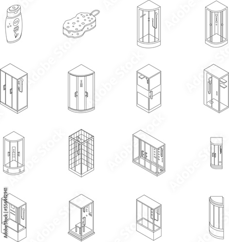 Shower stall icons set. Isometric set of shower stall vector icons for web design isolated on white background outline