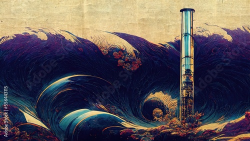 Distant views of a Sci Fi style futuristic city and ukiyo-e traditional Elegant, elegant, dramatic and luxurious Japanese style Katsushika Hokusai style graphic elements generated by Ai