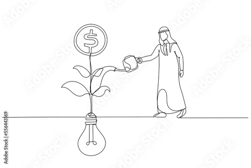 Drawing of arab muslim businessman watering on growing money coin seedling plant from lightbulb idea metaphor of monetize idea. One line art style