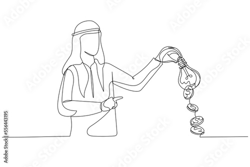 Cartoon of arab muslim businessman hand shaking the lightbulb idea to earn money. Single line art style