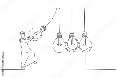 Drawing of arab muslim businessman manager pull bright lightbulb as pendulum to transfer knowledge. One continuous line art style