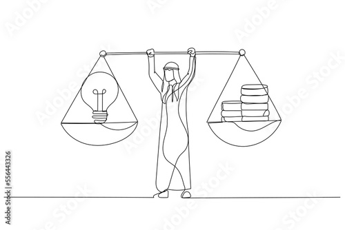 Cartoon of arab muslim businessman holding weights in his hands which is the money and idea. Single line art style