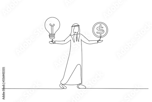 Illustration of arab muslim businessman with lightbulb idea in his hand try to make money. Single continuous line art style