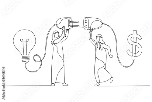 Drawing of arab muslim businessman connect lightbulb with money dollar sign concept of financial support. One line art style