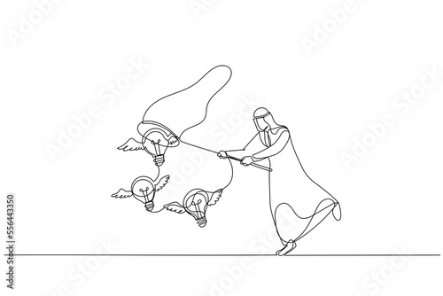 Cartoon of arab muslim businessman chasing and catch flying lightbulb ideas with net concept of business ideas. Single line art style