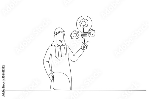 Drawing of arab muslim businessman presenting innovative lightbulb with cogs and gears concept of Innovation. One line art style