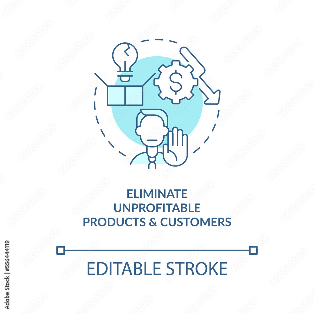 Eliminate unprofitable products and customers blue concept icon. Raising prices abstract idea thin line illustration. Isolated outline drawing. Editable stroke. Arial, Myriad Pro-Bold fonts used - obrazy, fototapety, plakaty 