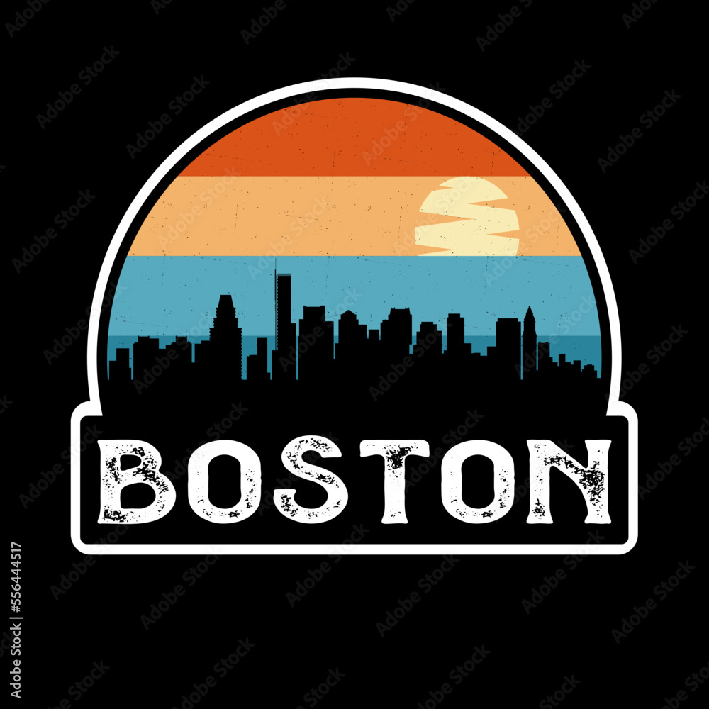 Boston Massachusetts USA Skyline Silhouette Retro Vintage Sunset Boston Lover Travel Souvenir Sticker Vector Illustration SVG EPS